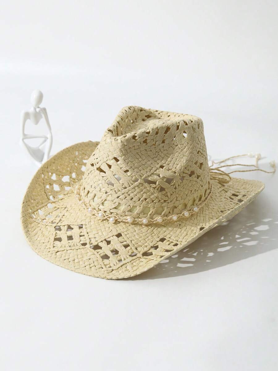 Cowboy Hat Straw - Unisex Pearl Decorated Hollow Out Wide