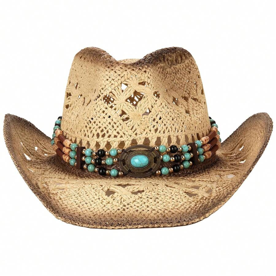 Cowboy Hat Straw - Unisex Straw Cowboy Hat With Beaded
