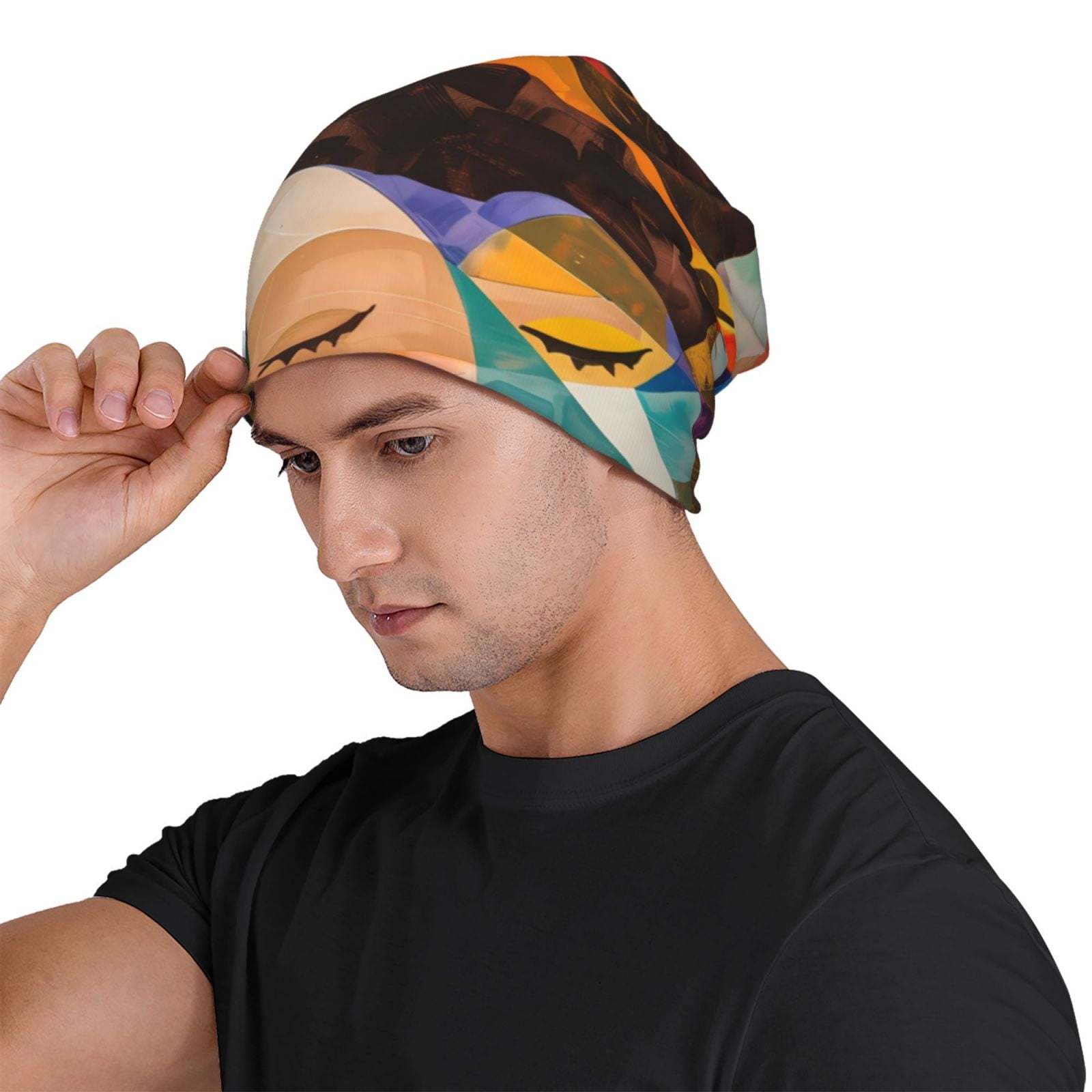 Abstract Musical Faces Printed - Beanie Cuffed Knit ulasan dan harga