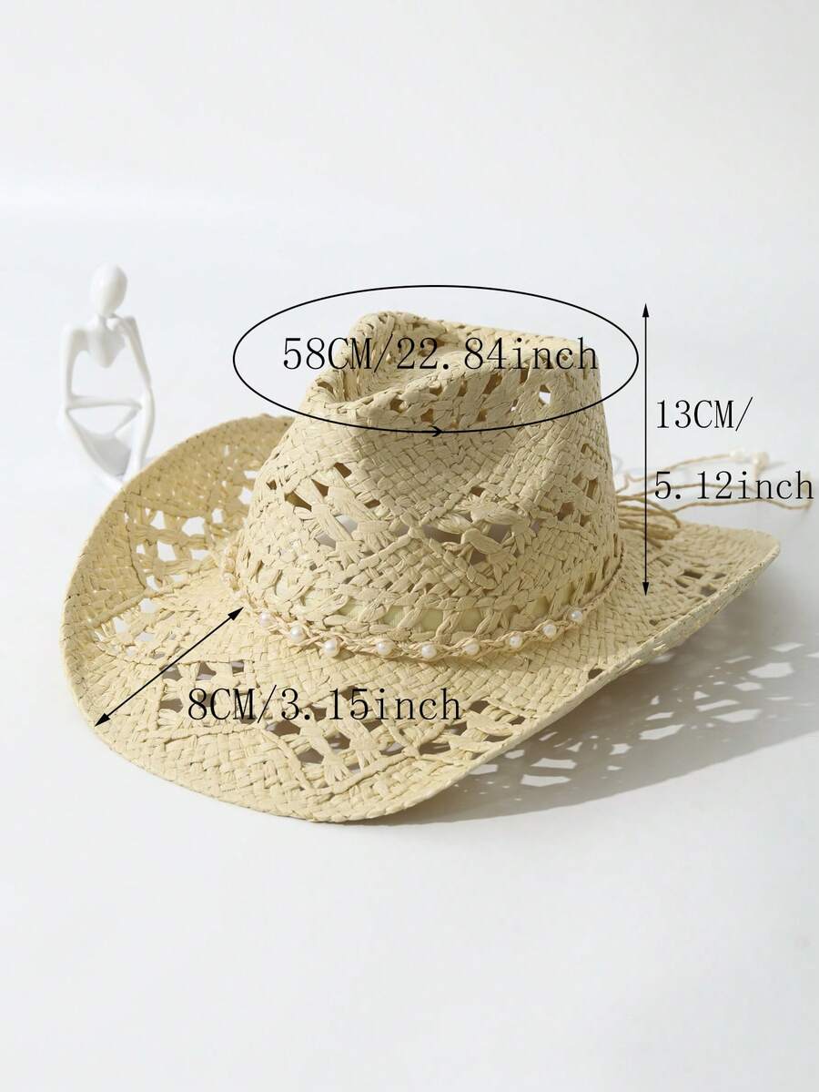 Unisex Pearl Decorated Hollow  - Cowboy Hat Straw ulasan dan harga