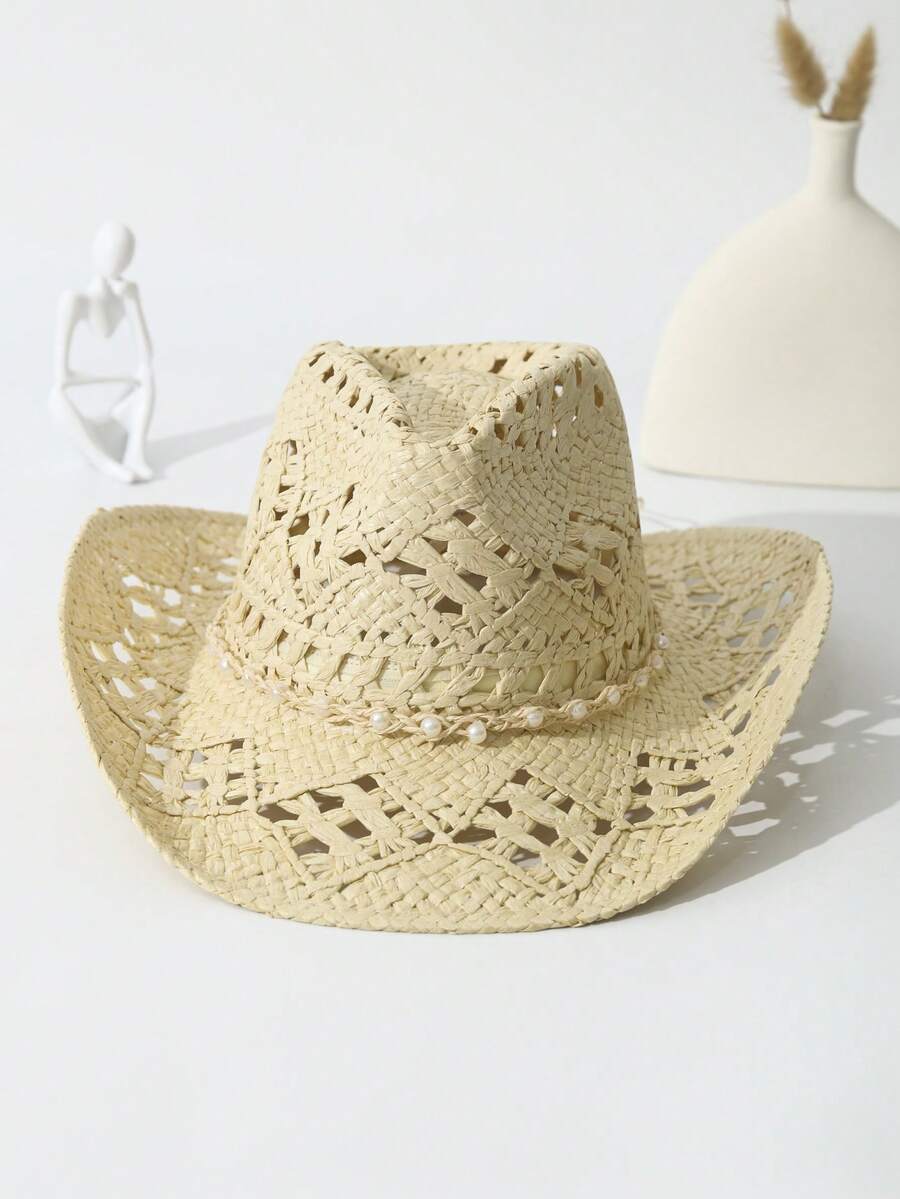 Unisex Pearl Decorated Hollow  - Cowboy Hat Straw ulasan dan harga