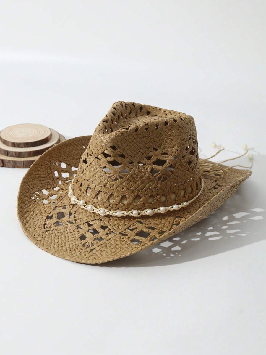 Unisex Pearl Decorated Hollow  - Cowboy Hat Straw ulasan dan harga