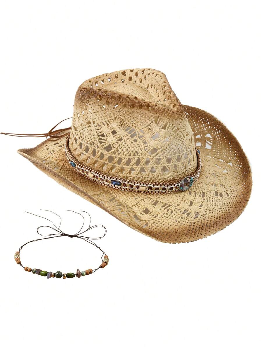 Unisex Straw Cowboy Hat With B - Cowboy Hat Straw ulasan dan harga